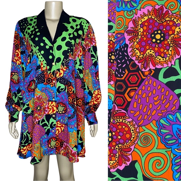 Diane Freis Tops - Vintage 80s Diane Freis Bright Psychedelic Long Sleeve Button Up Tunic